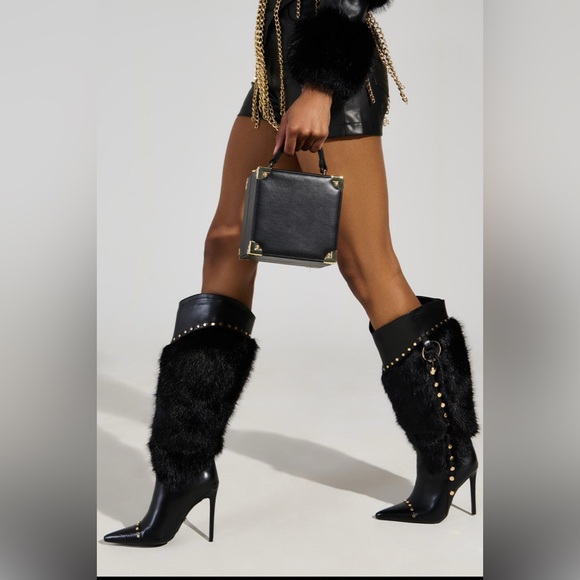 Azalea Wang Shoes - Azalea Wang Studded Faux Fur Stiletto Boots — Black — Glam Statement Heels w/Box